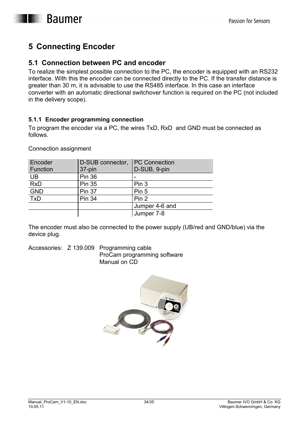 5 connecting encoder, 1 connection between pc and encoder | Baumer RXA1H User Manual | Page 34 / 35