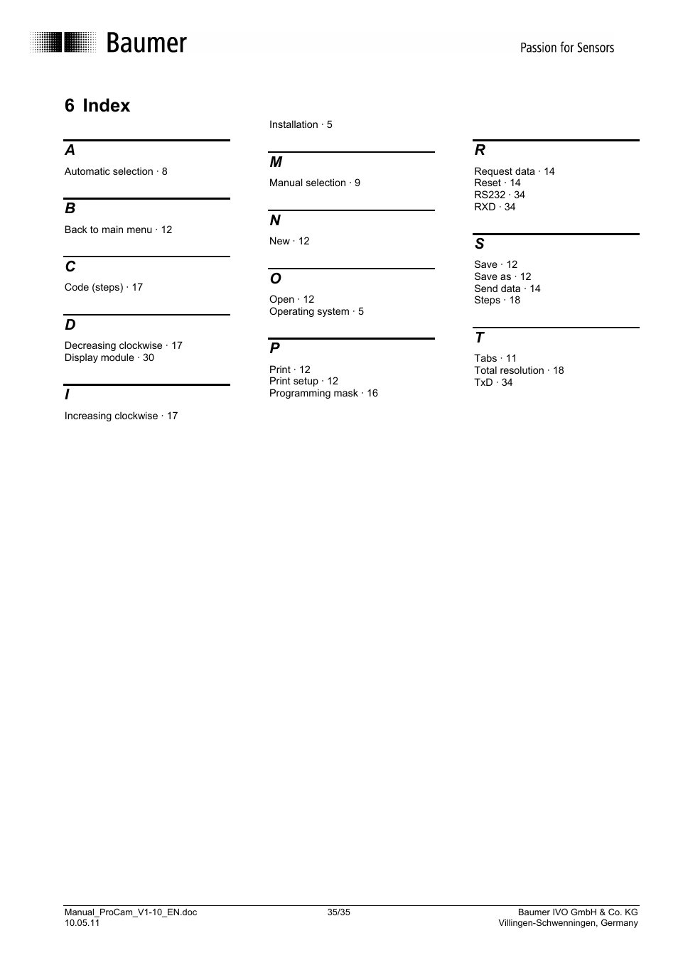 6 index | Baumer RXA1H User Manual | Page 35 / 35