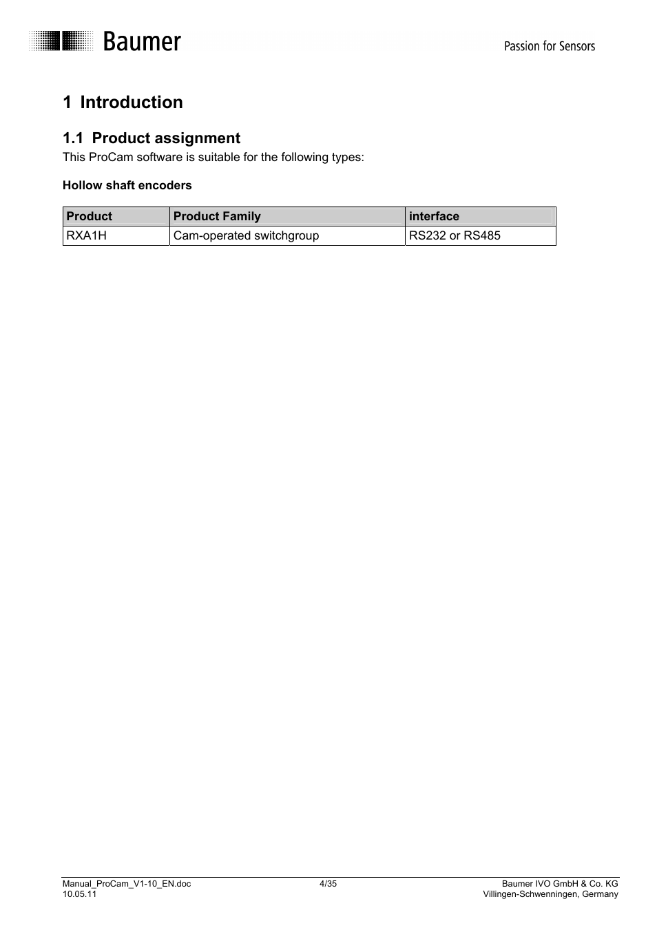 1 introduction, 1 product assignment | Baumer RXA1H User Manual | Page 4 / 35