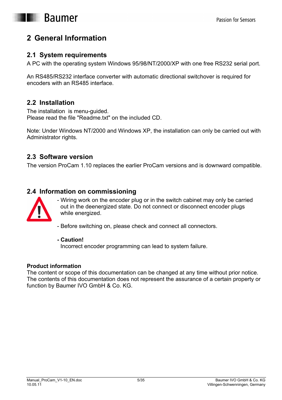 2 general information, 1 system requirements, 2 installation | 3 software version, 4 information on commissioning | Baumer RXA1H User Manual | Page 5 / 35