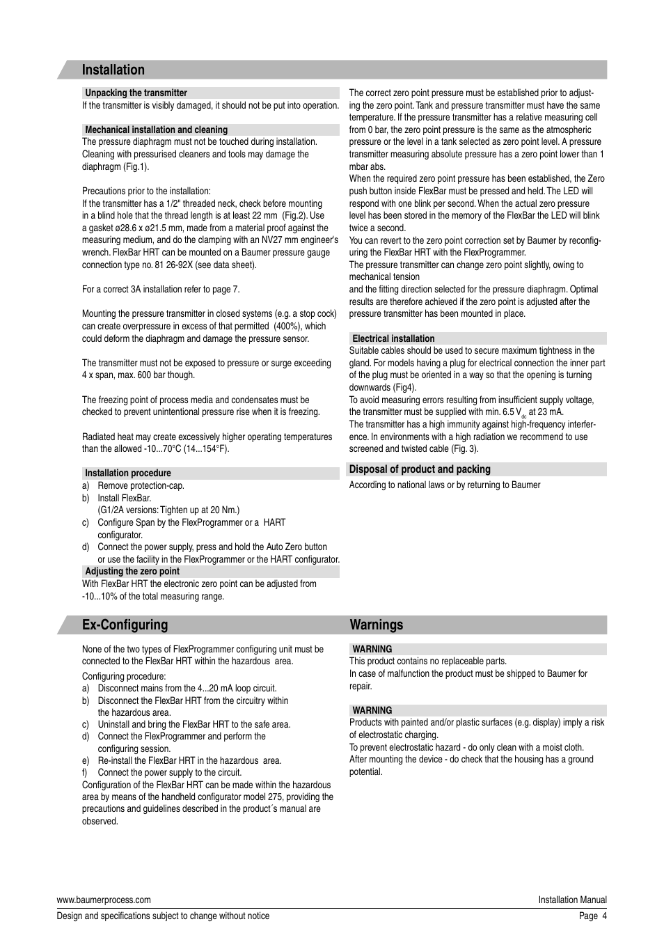 Installation, Ex-confi guring warnings | Baumer Flex Bar HRT User Manual | Page 4 / 8