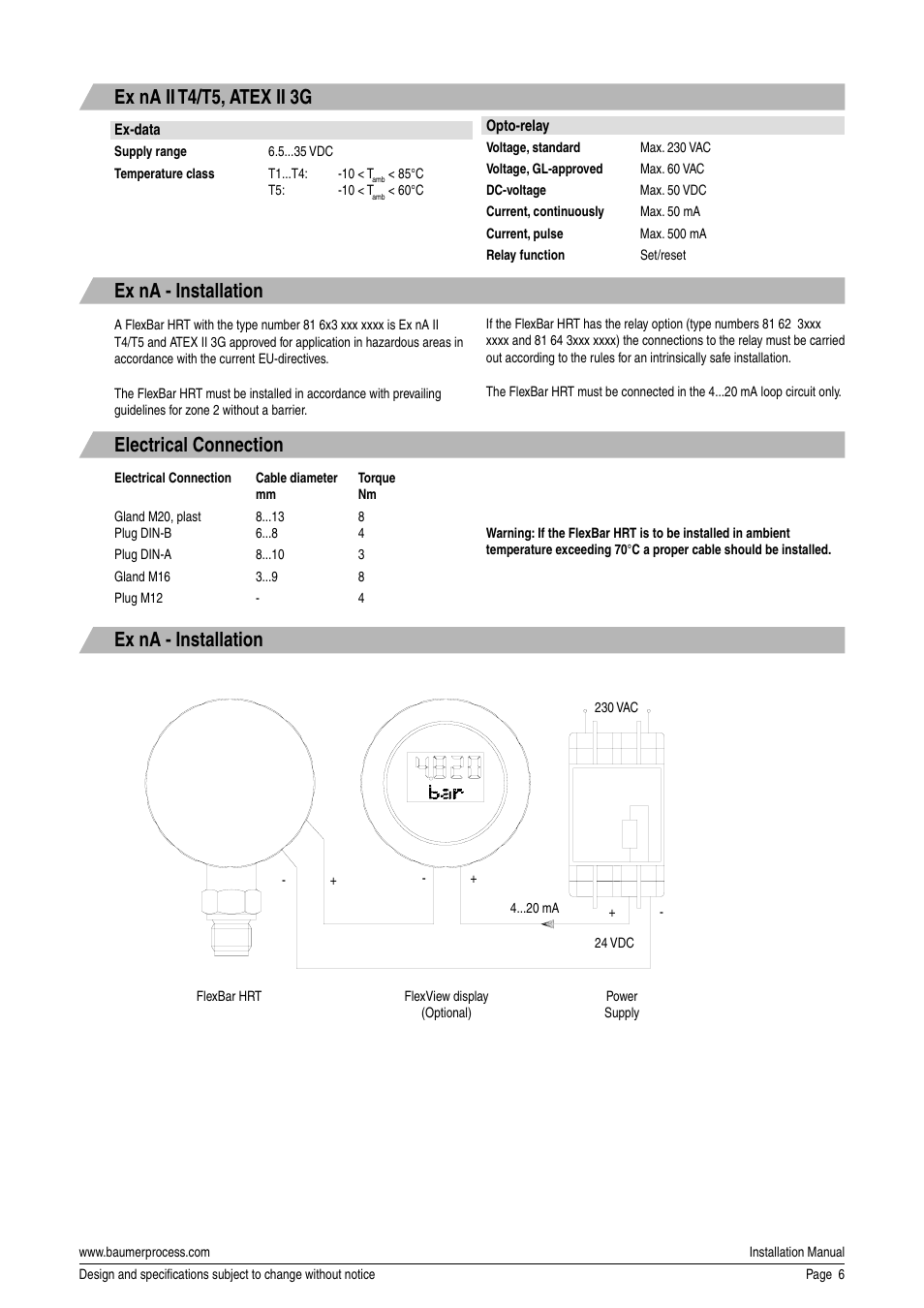 Ex na ii t4/t5, atex ii 3g electrical connection, Ex na - installation | Baumer Flex Bar HRT User Manual | Page 6 / 8