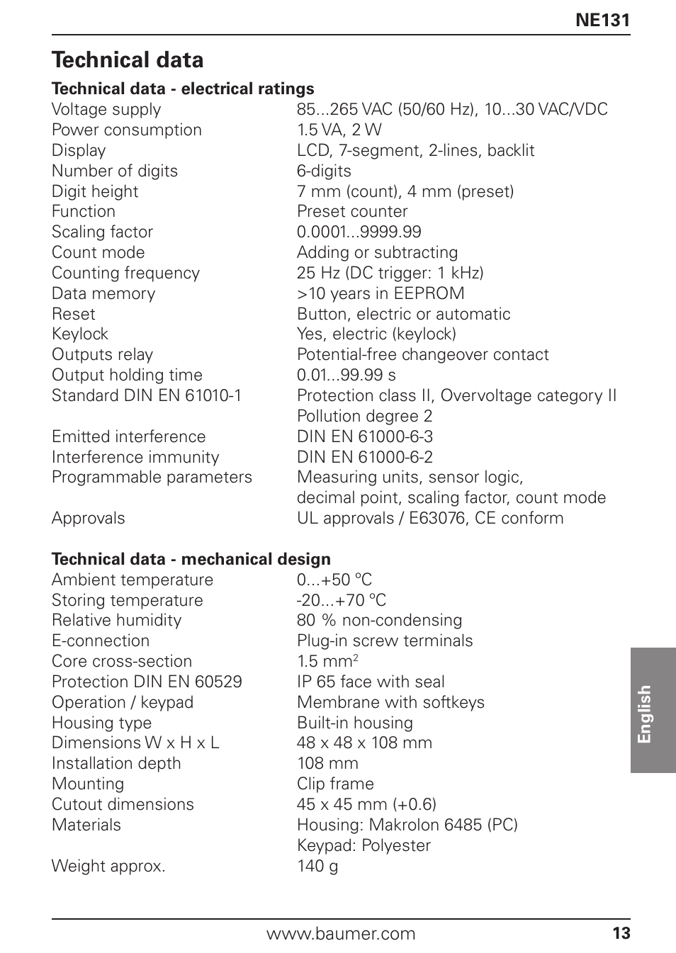 Technical data | Baumer NE131 User Manual | Page 13 / 48