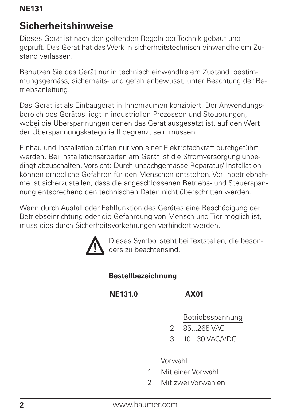 Sicherheitshinweise | Baumer NE131 User Manual | Page 2 / 48