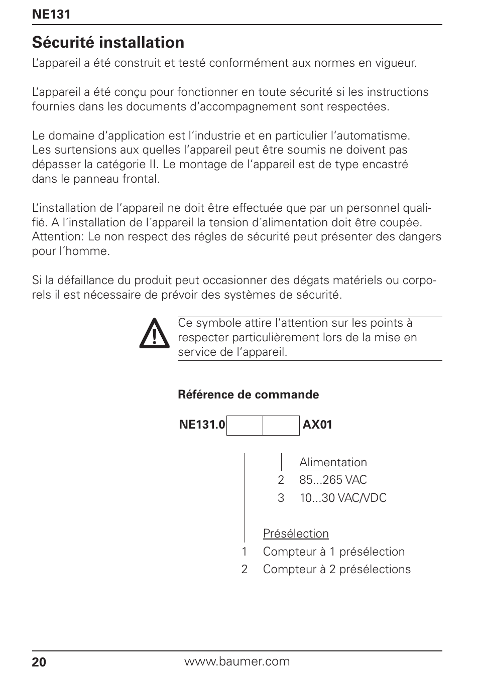 Sécurité installation | Baumer NE131 User Manual | Page 20 / 48