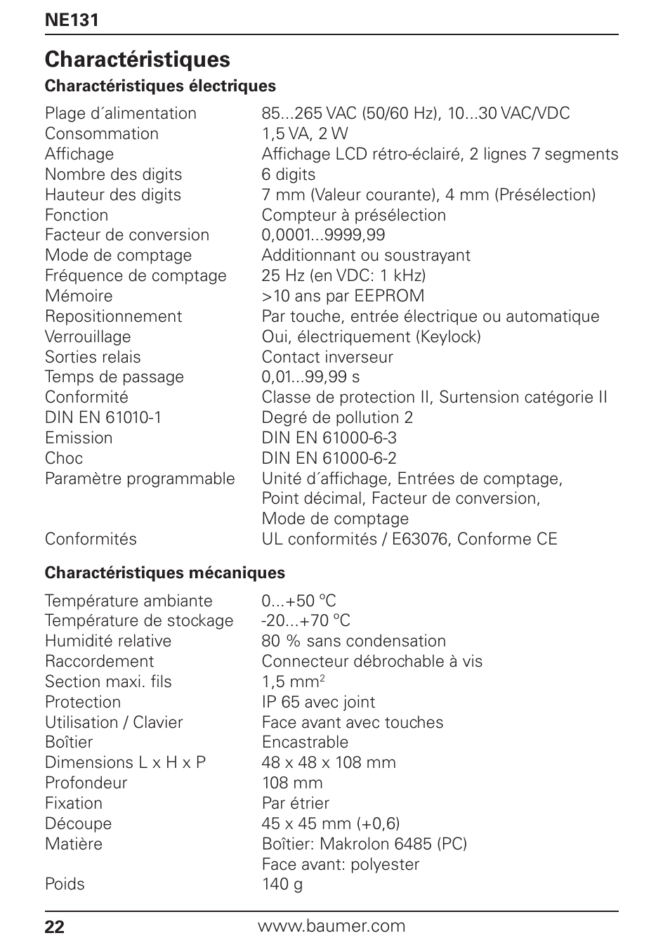 Charactéristiques | Baumer NE131 User Manual | Page 22 / 48