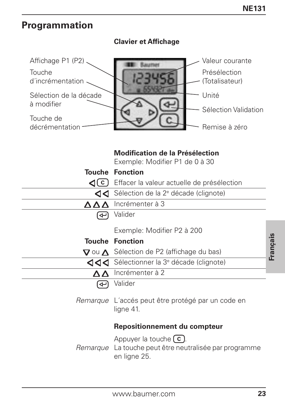 Programmation | Baumer NE131 User Manual | Page 23 / 48