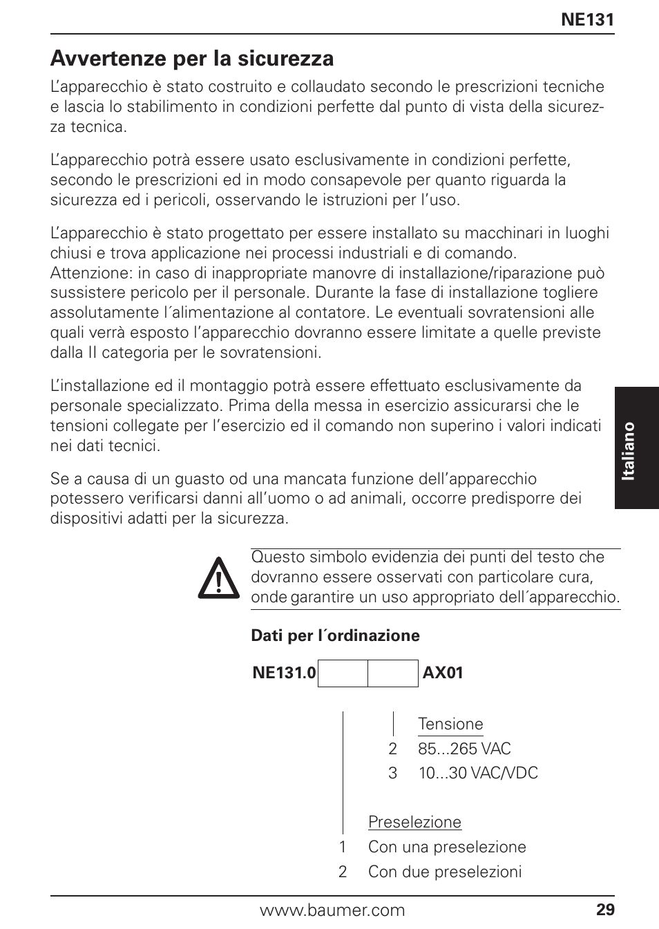 Avvertenze per la sicurezza | Baumer NE131 User Manual | Page 29 / 48