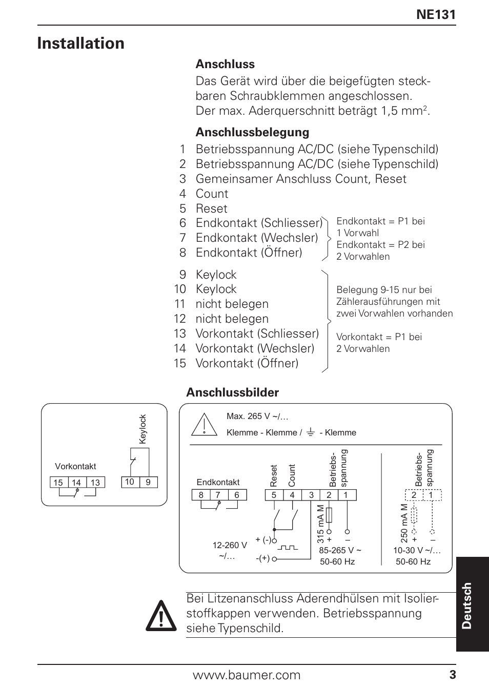 Sicherheitshinweise, Installation, Ne131 | Baumer NE131 User Manual | Page 3 / 48