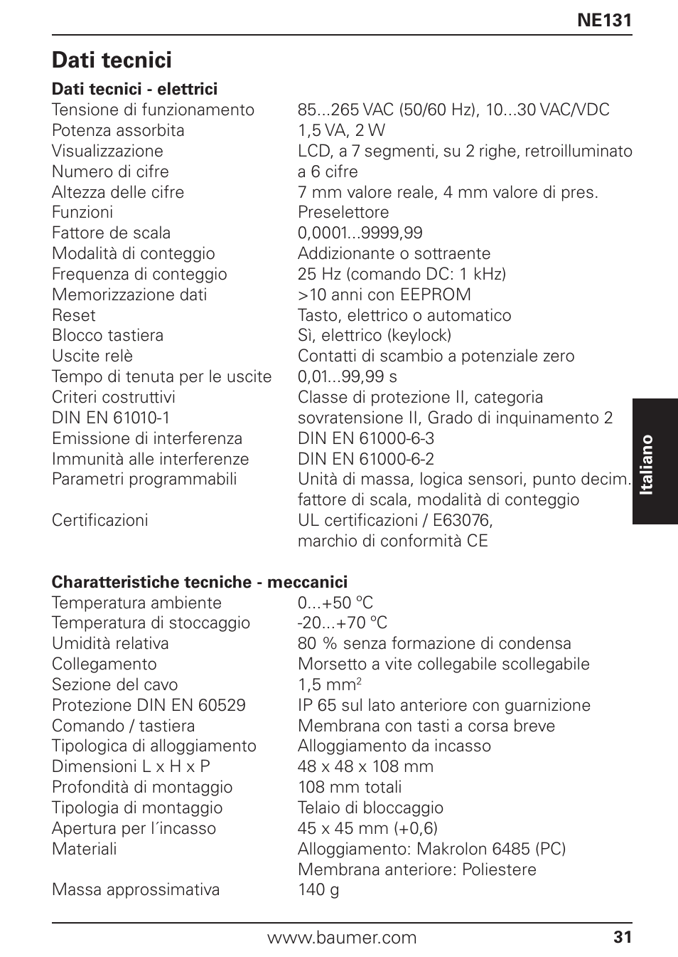 Dati tecnici | Baumer NE131 User Manual | Page 31 / 48