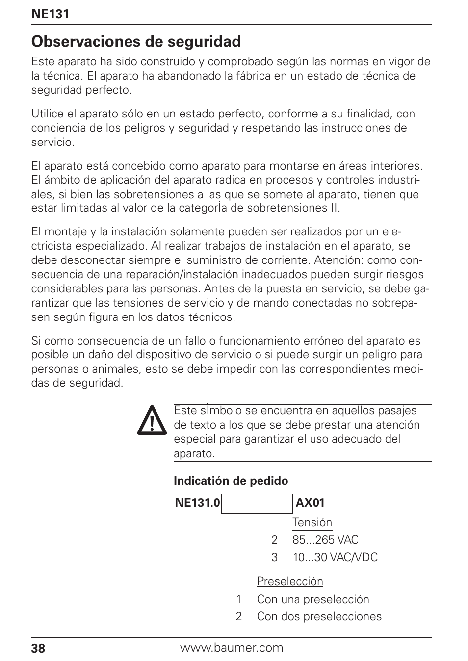 Observaciones de seguridad | Baumer NE131 User Manual | Page 38 / 48
