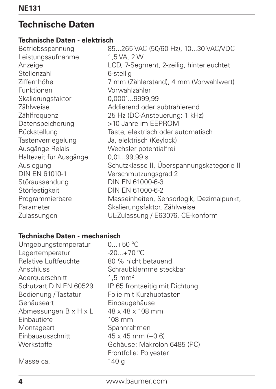 Technische daten | Baumer NE131 User Manual | Page 4 / 48