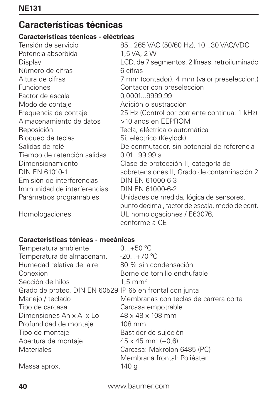 Características técnicas | Baumer NE131 User Manual | Page 40 / 48