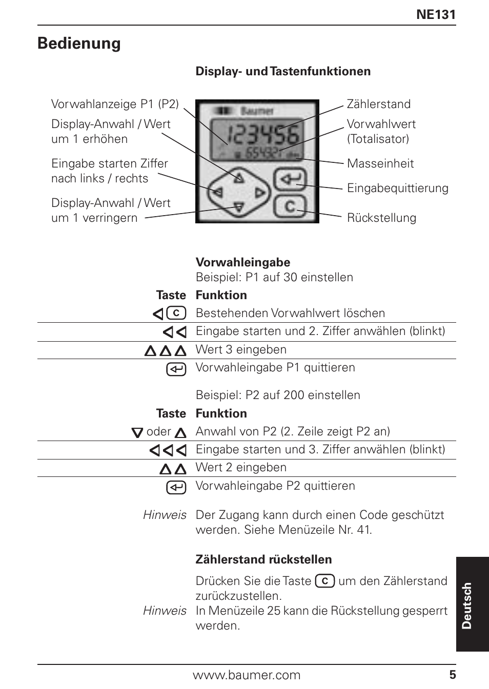 Bedienung | Baumer NE131 User Manual | Page 5 / 48