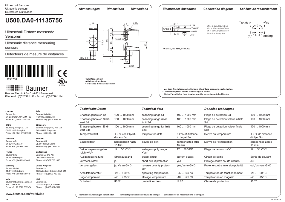 Baumer U500.DA0-IA1B.72O User Manual | 4 pages