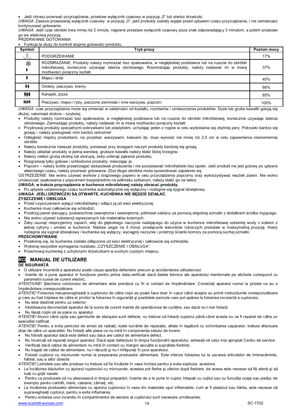 Ro manual de utilizare | Scarlett SC-1702 User Manual | Page 14 / 35