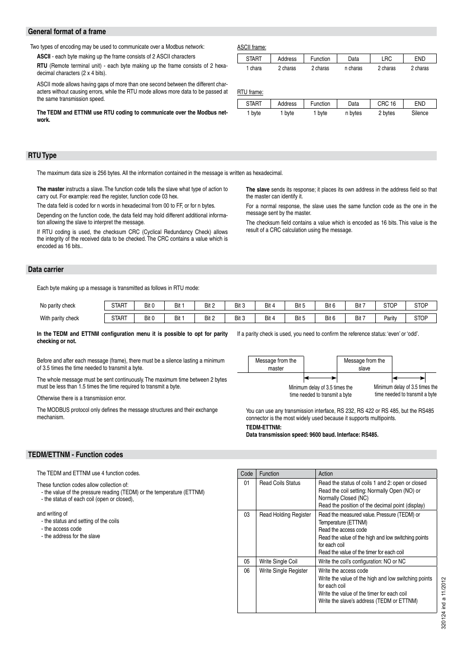 Rtu type, Data carrier, Tedm/ettnm - function codes | General format of a frame | Baumer ETTNM User Manual | Page 2 / 4