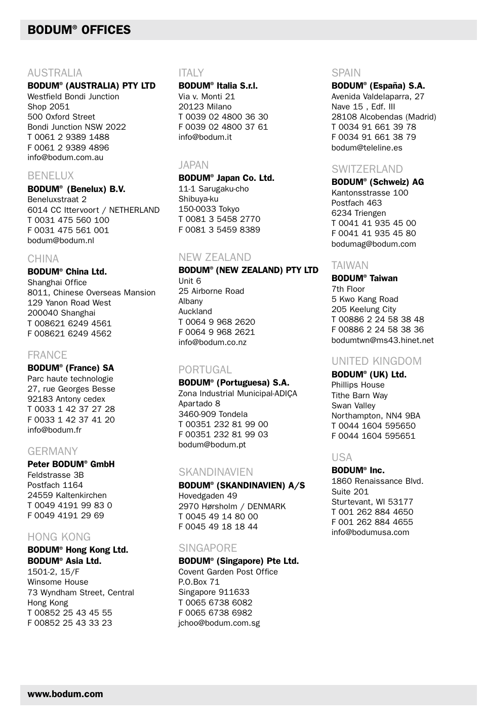 Bodum, Offices, Australia | Benelux, China, France, Germany, Hong kong, Italy, Japan | Bodum K0810 User Manual | Page 11 / 12