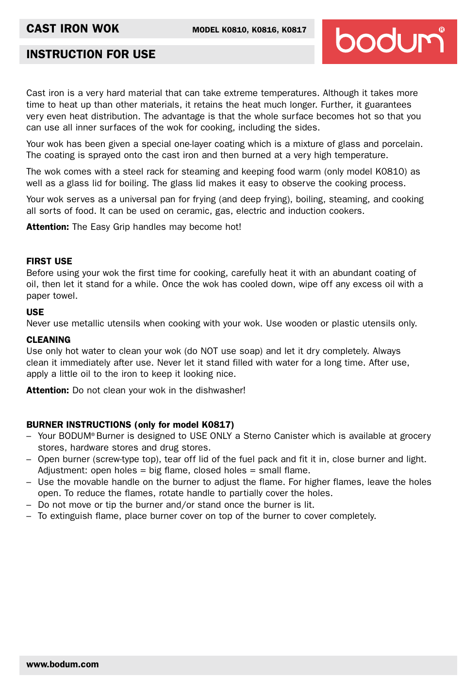 Cast iron wok, Instruction for use | Bodum K0810 User Manual | Page 2 / 12