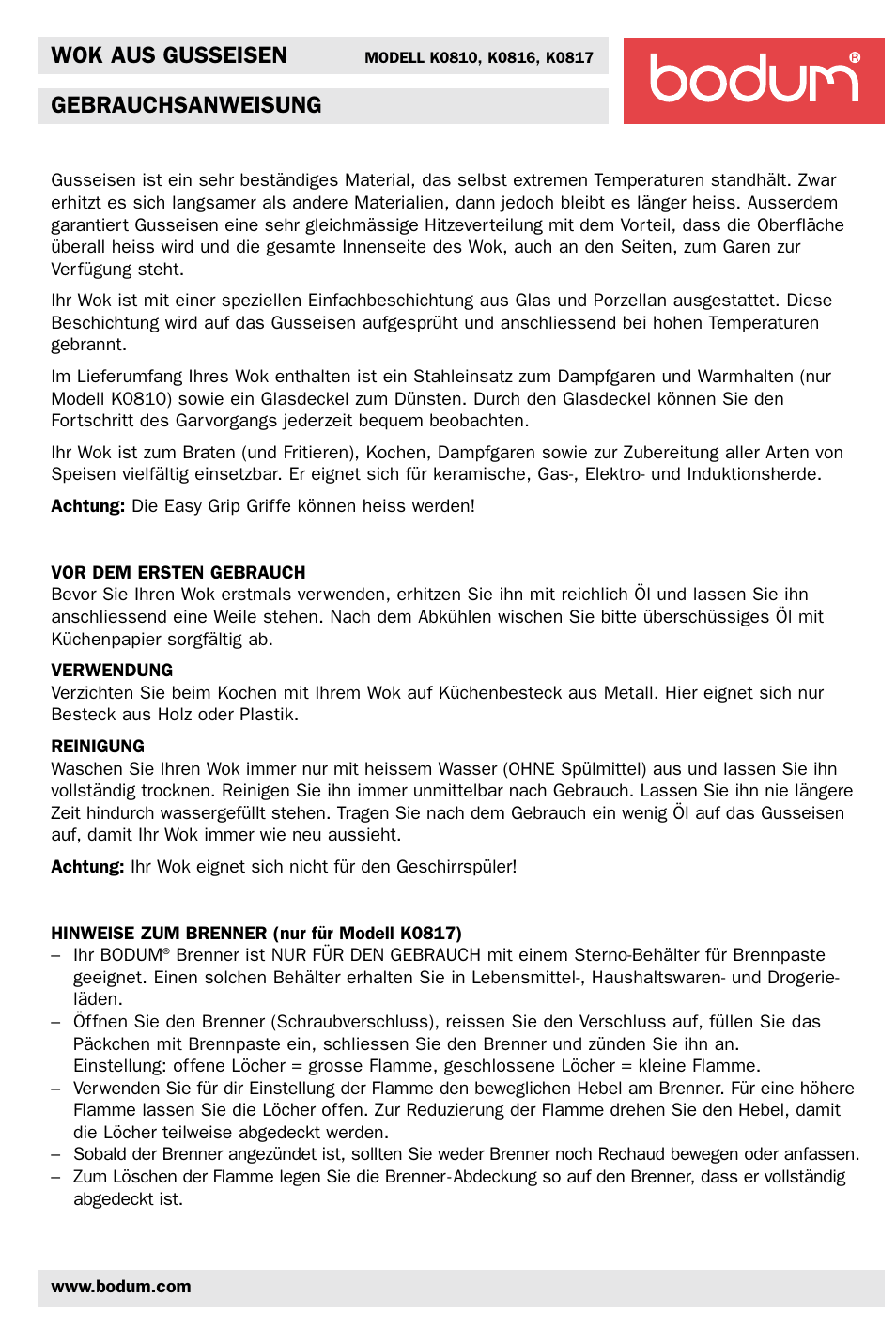 Wok aus gusseisen, Gebrauchsanweisung | Bodum K0810 User Manual | Page 3 / 12