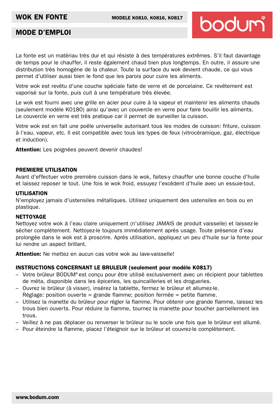 Wok en fonte, Mode d’emploi | Bodum K0810 User Manual | Page 4 / 12