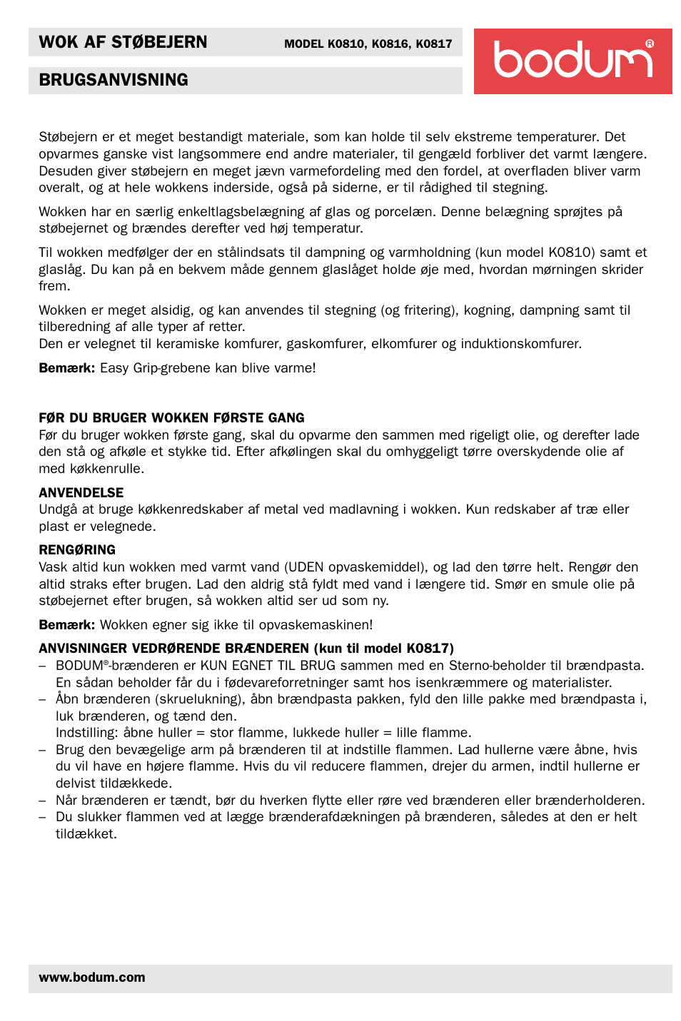 Wok af støbejern, Brugsanvisning | Bodum K0810 User Manual | Page 5 / 12