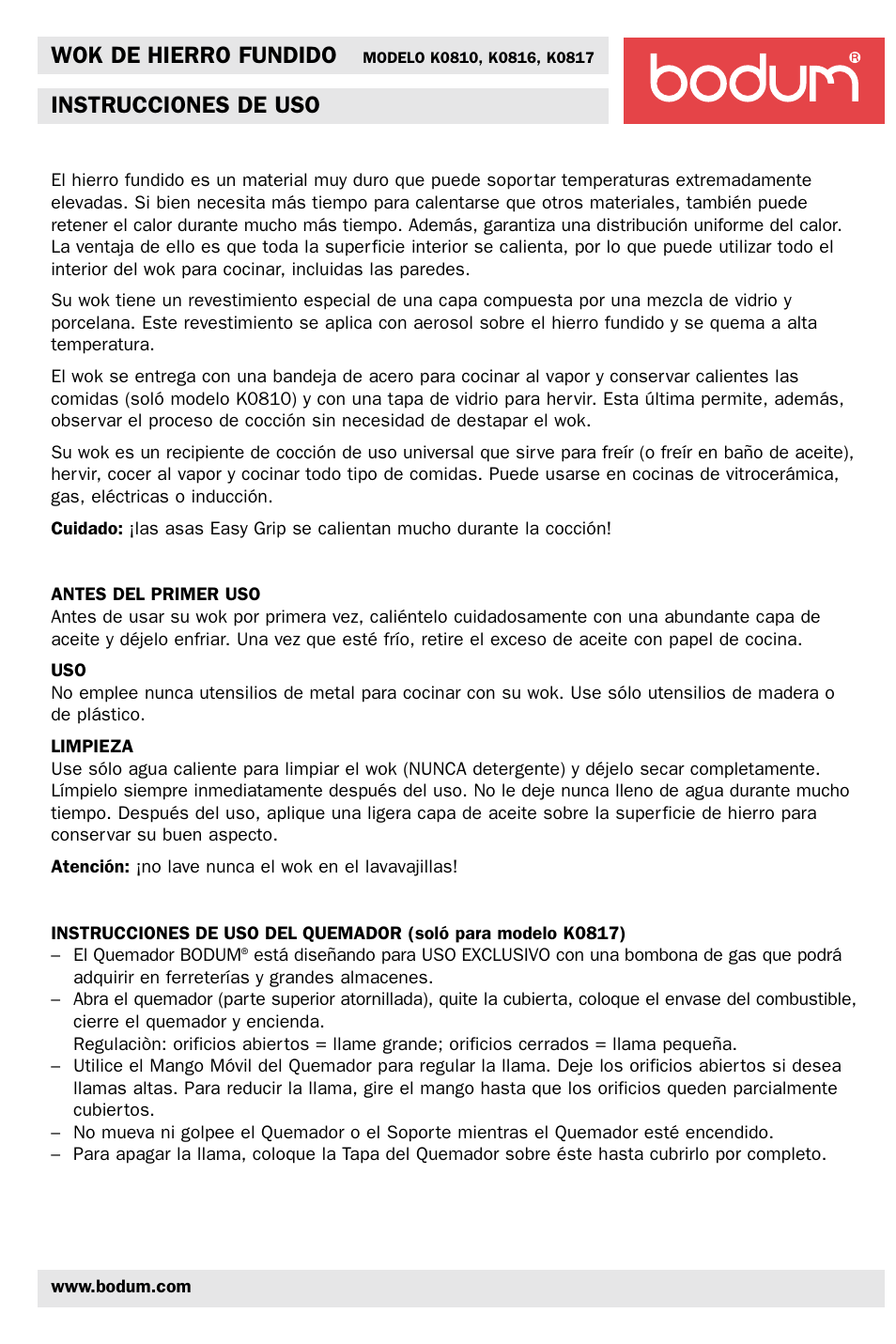 Wok de hierro fundido, Instrucciones de uso | Bodum K0810 User Manual | Page 6 / 12