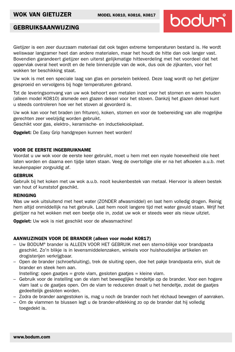 Wok van gietijzer, Gebruiksaanwijzing | Bodum K0810 User Manual | Page 8 / 12