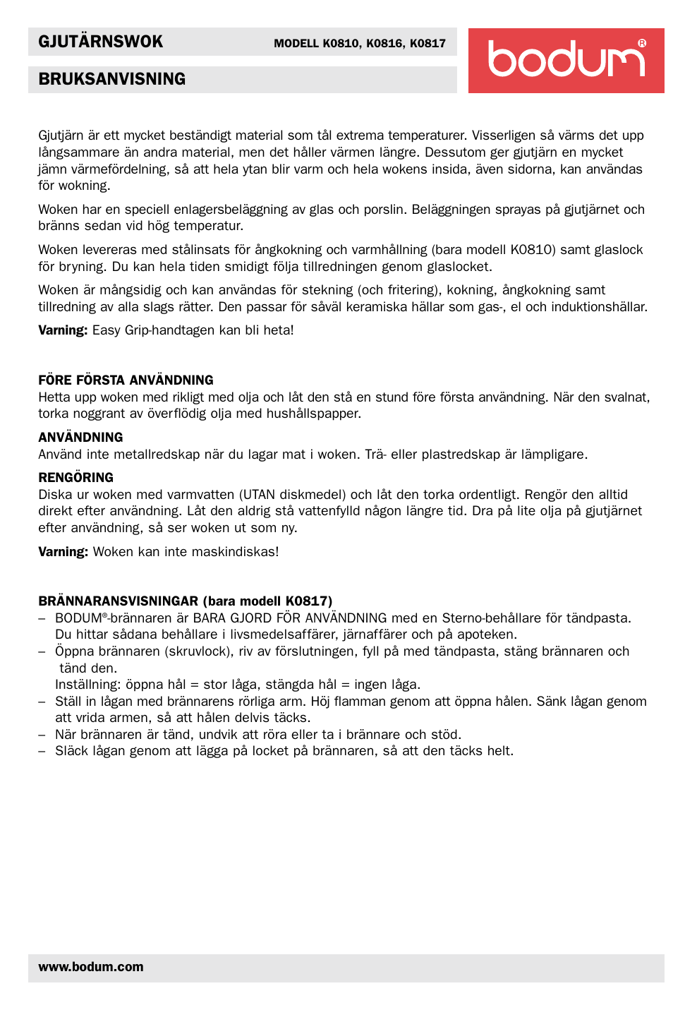 Gjutärnswok, Bruksanvisning | Bodum K0810 User Manual | Page 9 / 12