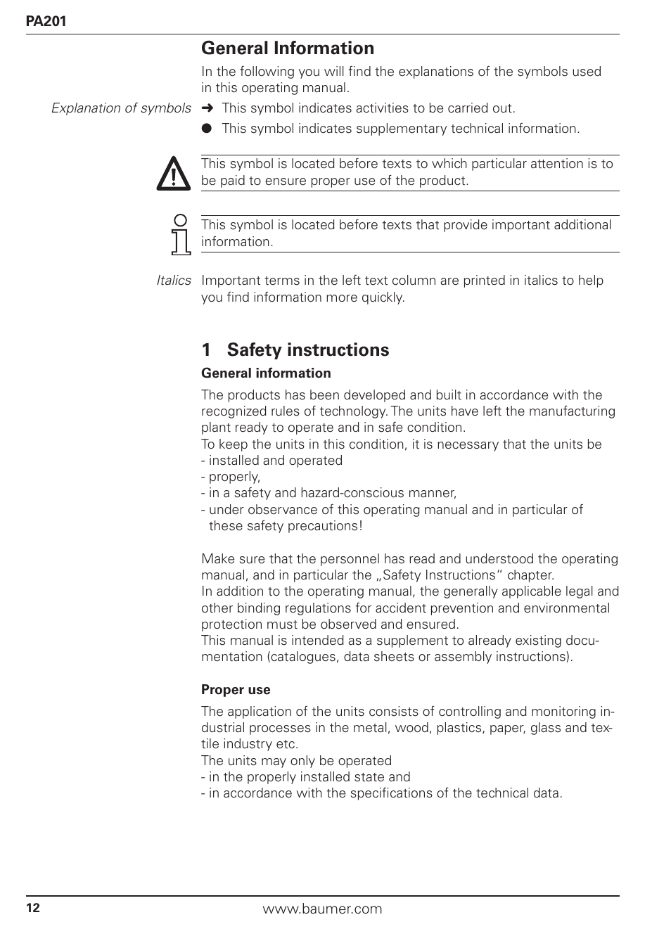 General information, 1 safety instructions | Baumer PA201 User Manual | Page 12 / 29