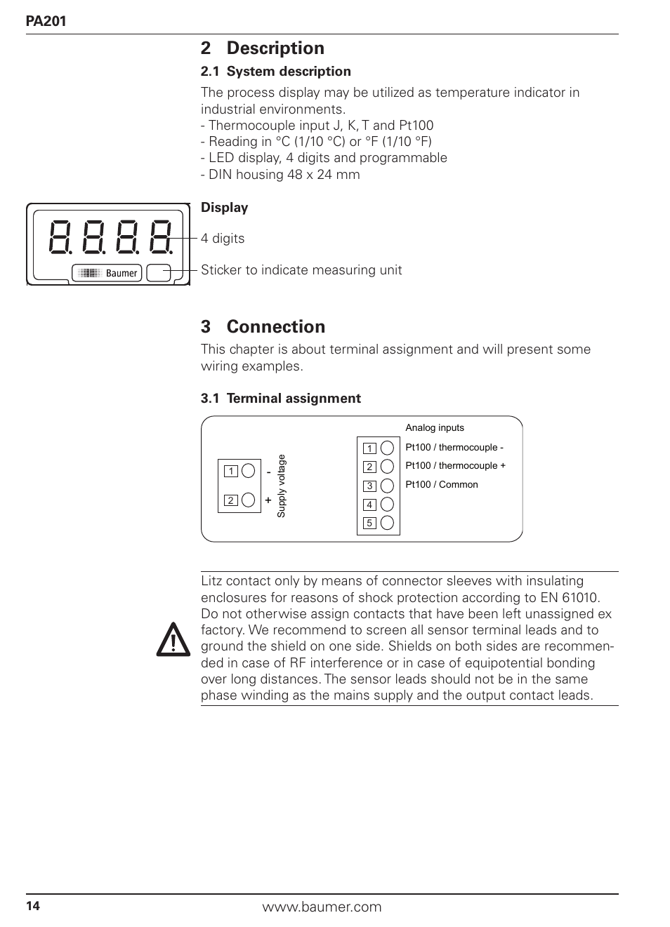 2 description, 3 connection | Baumer PA201 User Manual | Page 14 / 29