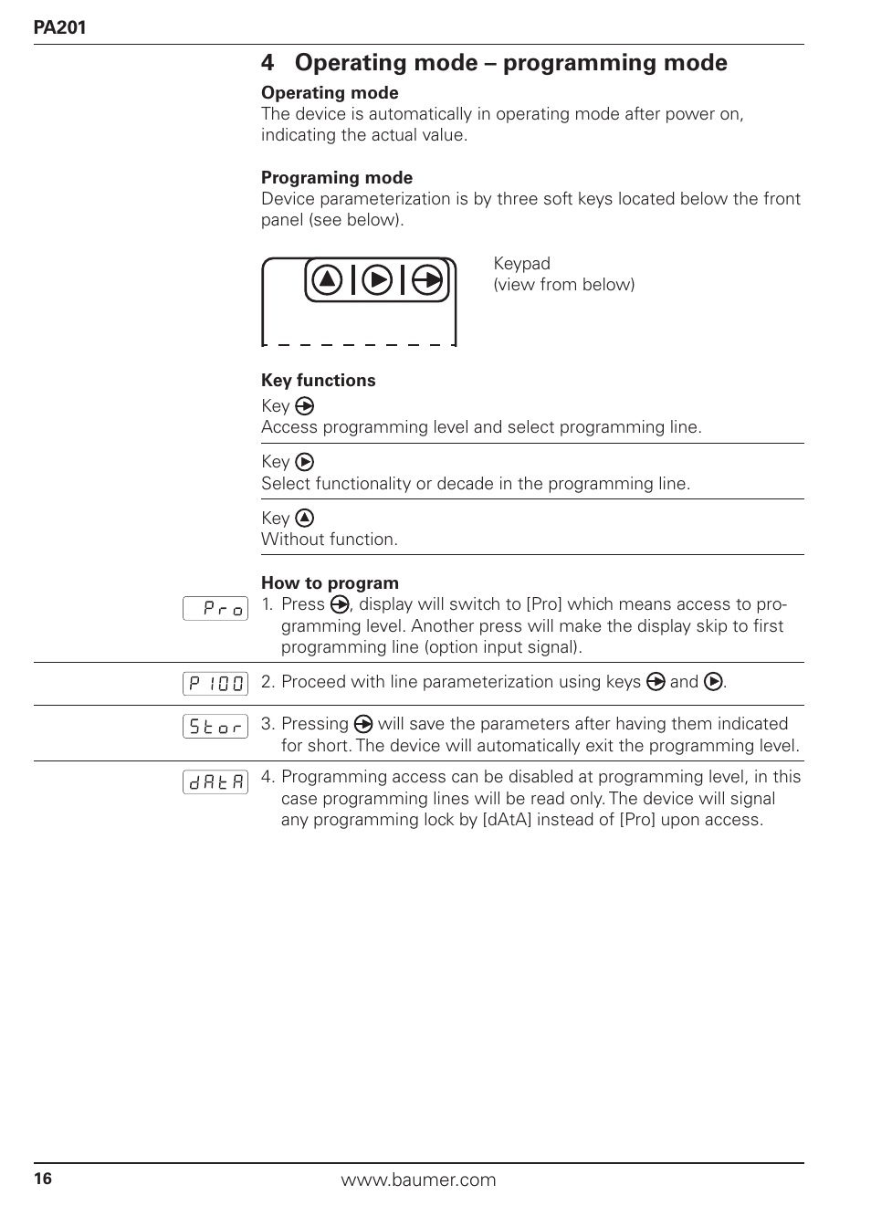 4 operating mode – programming mode | Baumer PA201 User Manual | Page 16 / 29