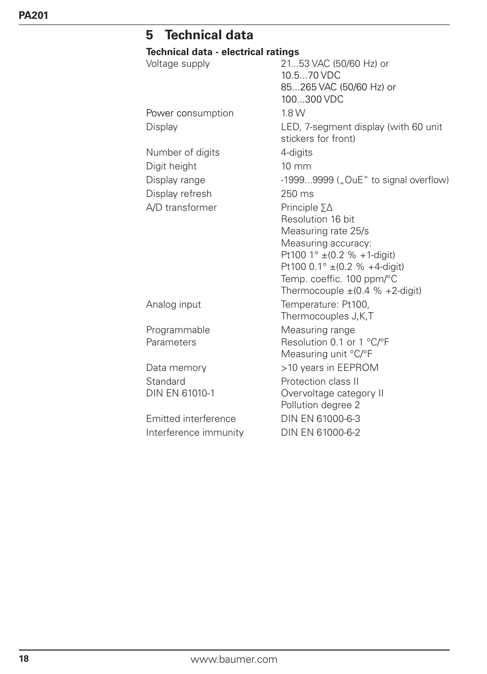 5 technical data | Baumer PA201 User Manual | Page 18 / 29