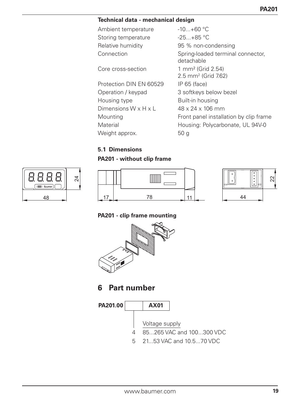 6 part number | Baumer PA201 User Manual | Page 19 / 29