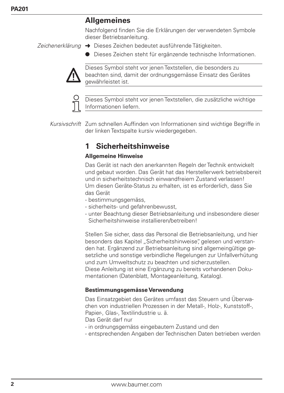 Allgemeines, 1 sicherheitshinweise | Baumer PA201 User Manual | Page 2 / 29