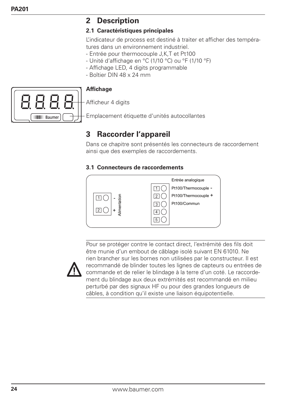 2 description, 3 raccorder l‘appareil | Baumer PA201 User Manual | Page 24 / 29