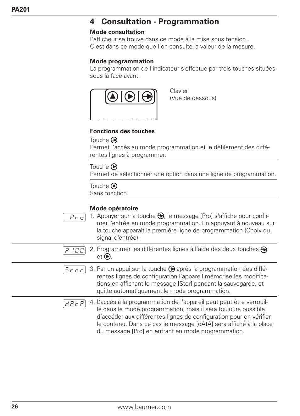 4 consultation - programmation | Baumer PA201 User Manual | Page 26 / 29