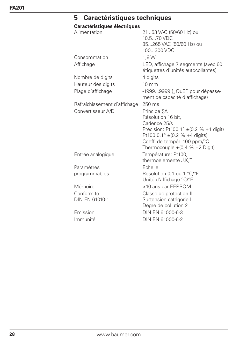 5 caractéristiques techniques | Baumer PA201 User Manual | Page 28 / 29
