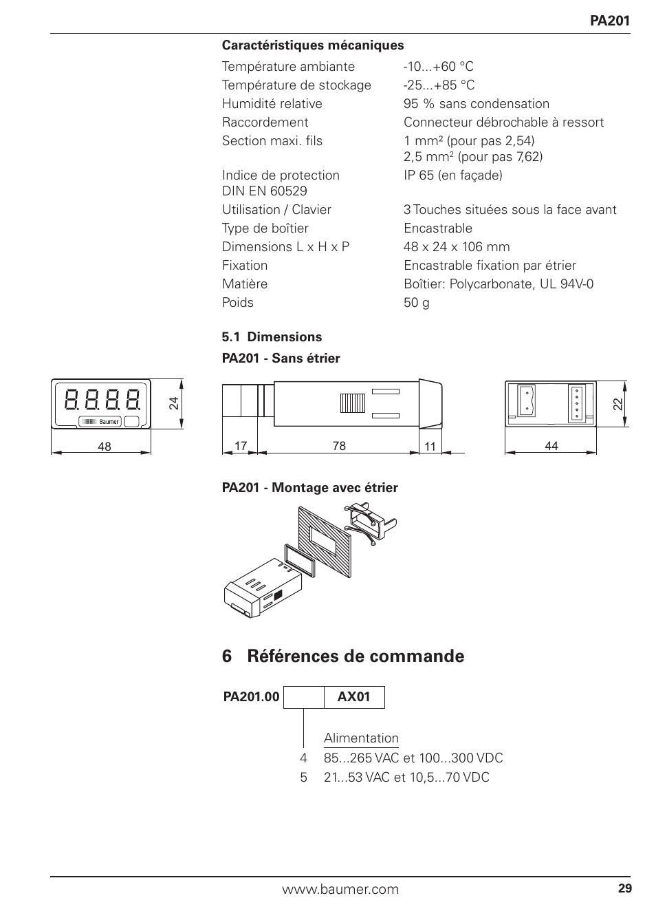 6 références de commande | Baumer PA201 User Manual | Page 29 / 29