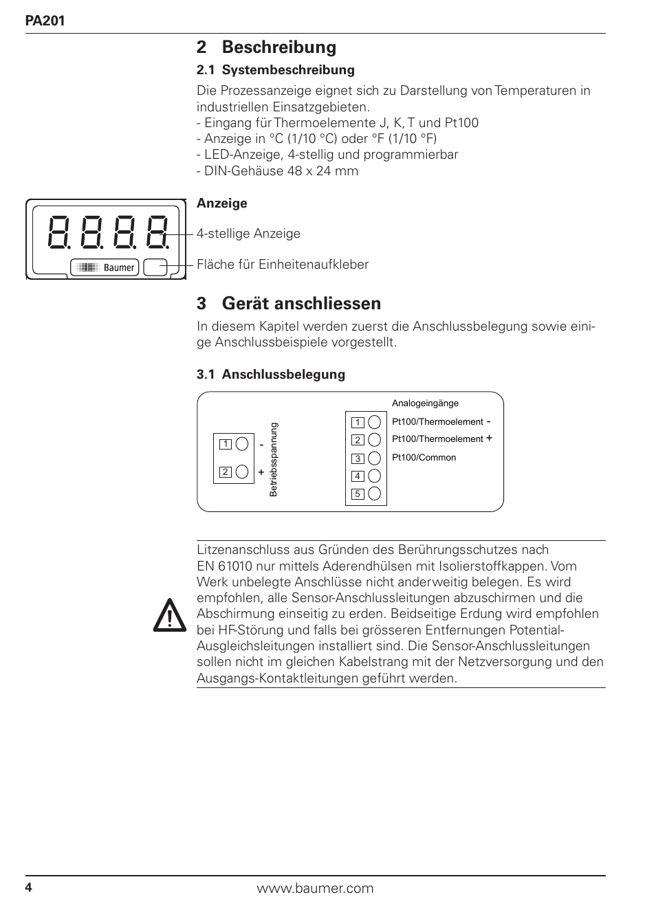 2 beschreibung, 3 gerät anschliessen | Baumer PA201 User Manual | Page 4 / 29