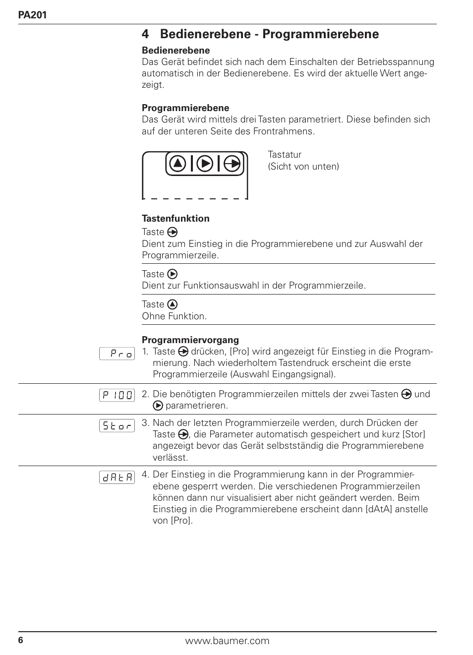 4 bedienerebene - programmierebene | Baumer PA201 User Manual | Page 6 / 29