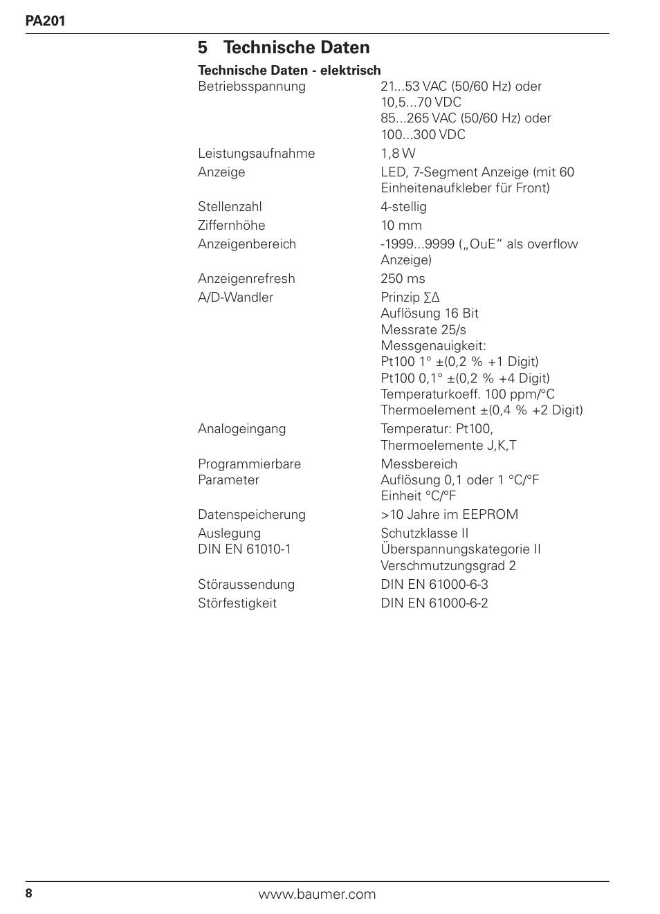 5 technische daten | Baumer PA201 User Manual | Page 8 / 29