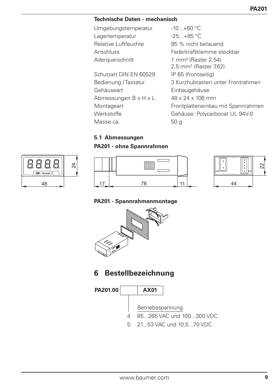 6 bestellbezeichnung | Baumer PA201 User Manual | Page 9 / 29