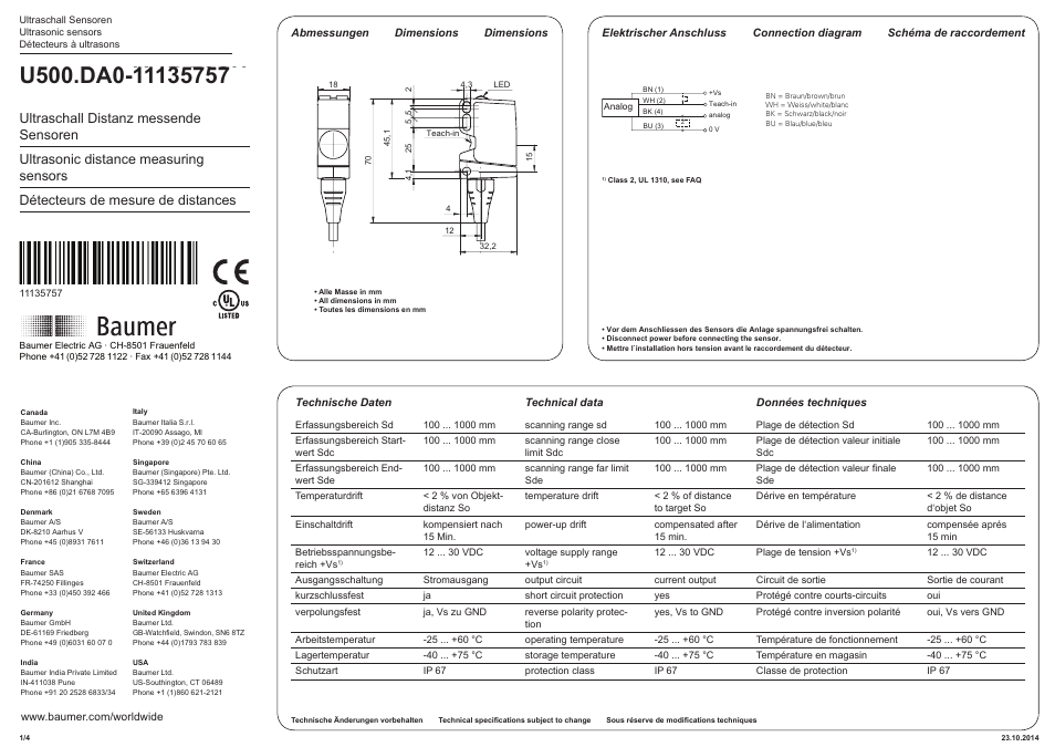 Baumer U500.DA0-IA1B.72CU User Manual | 4 pages