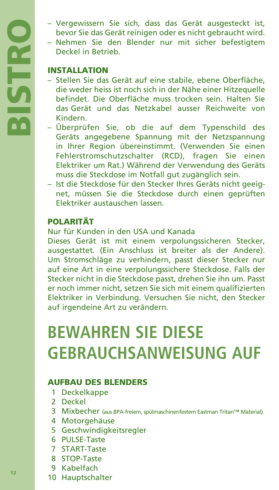 Bis tro, Bewahren sie diese gebrauchsanweisung auf | Bodum Bistro 11303 User Manual | Page 13 / 96