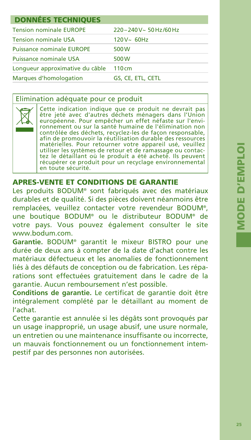 Mode d ’e m ploi, Données techniques, Apres-vente et conditions de garantie | Bodum Bistro 11303 User Manual | Page 26 / 96