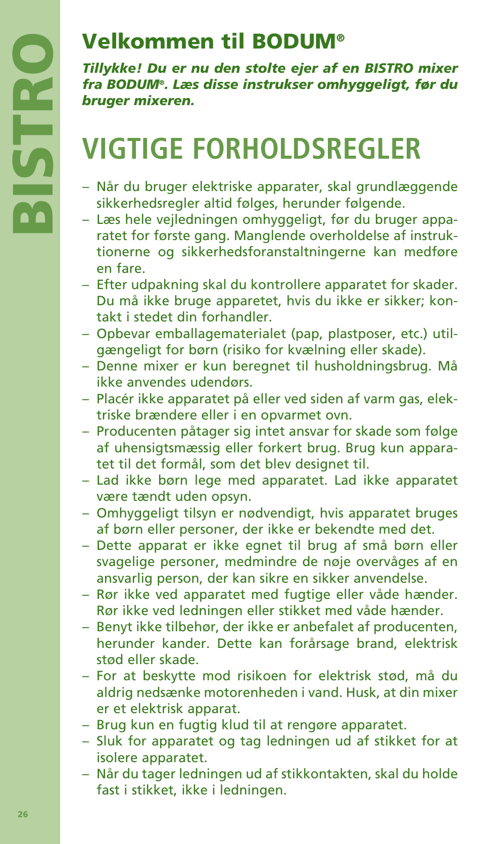 Bis tro, Vigtige forholdsregler, Velkommen til bodum | Bodum Bistro 11303 User Manual | Page 27 / 96