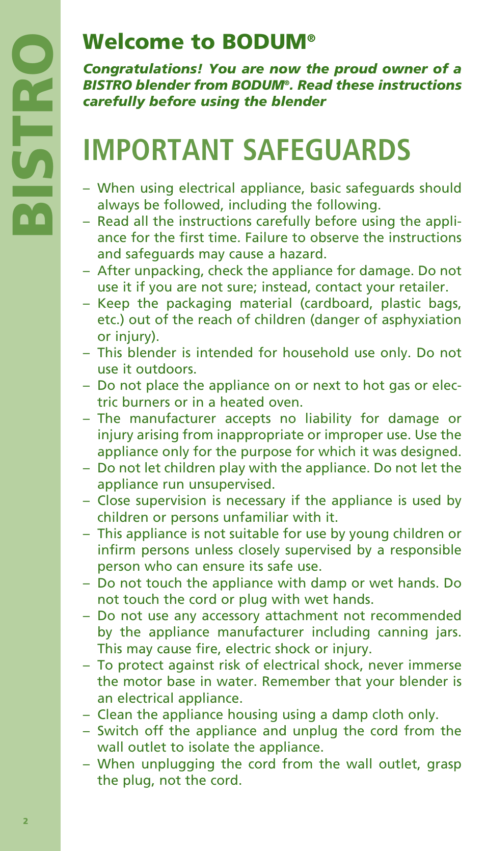 Bis tro, Important safeguards, Welcome to bodum | Bodum Bistro 11303 User Manual | Page 3 / 96