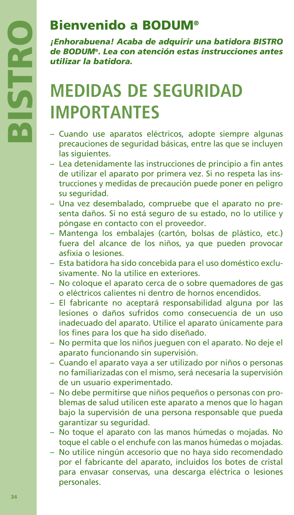 Bis tro, Medidas de seguridad importantes, Bienvenido a bodum | Bodum Bistro 11303 User Manual | Page 35 / 96