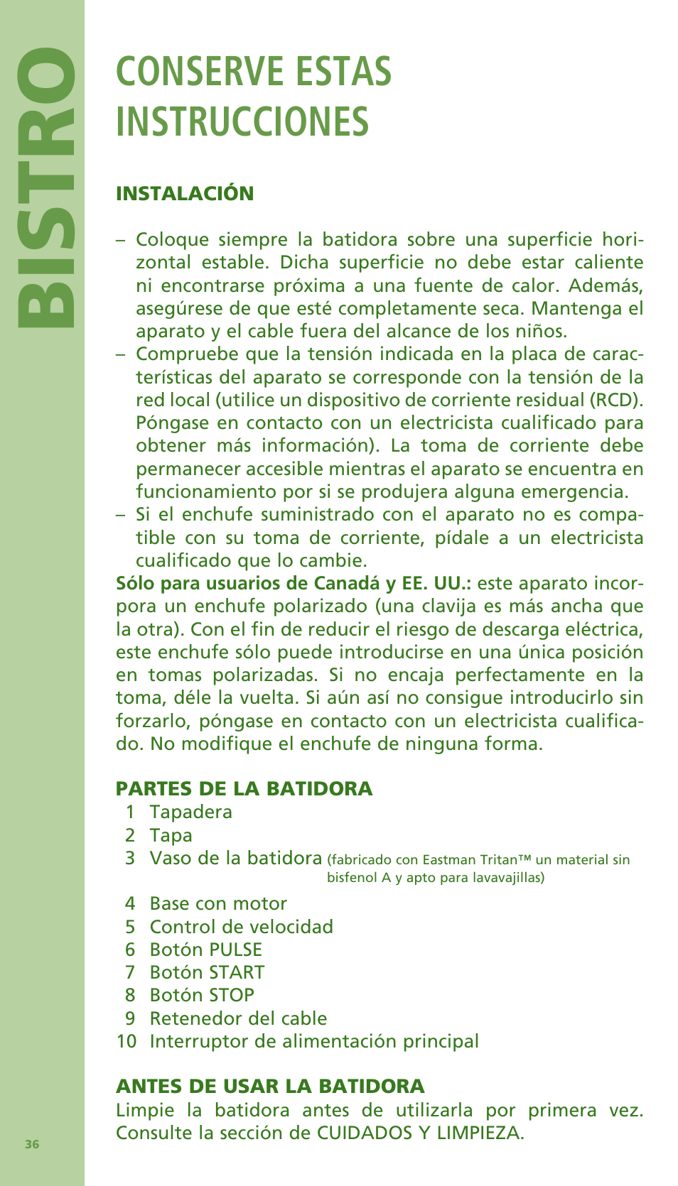 Bis tro, Conserve estas instrucciones | Bodum Bistro 11303 User Manual | Page 37 / 96